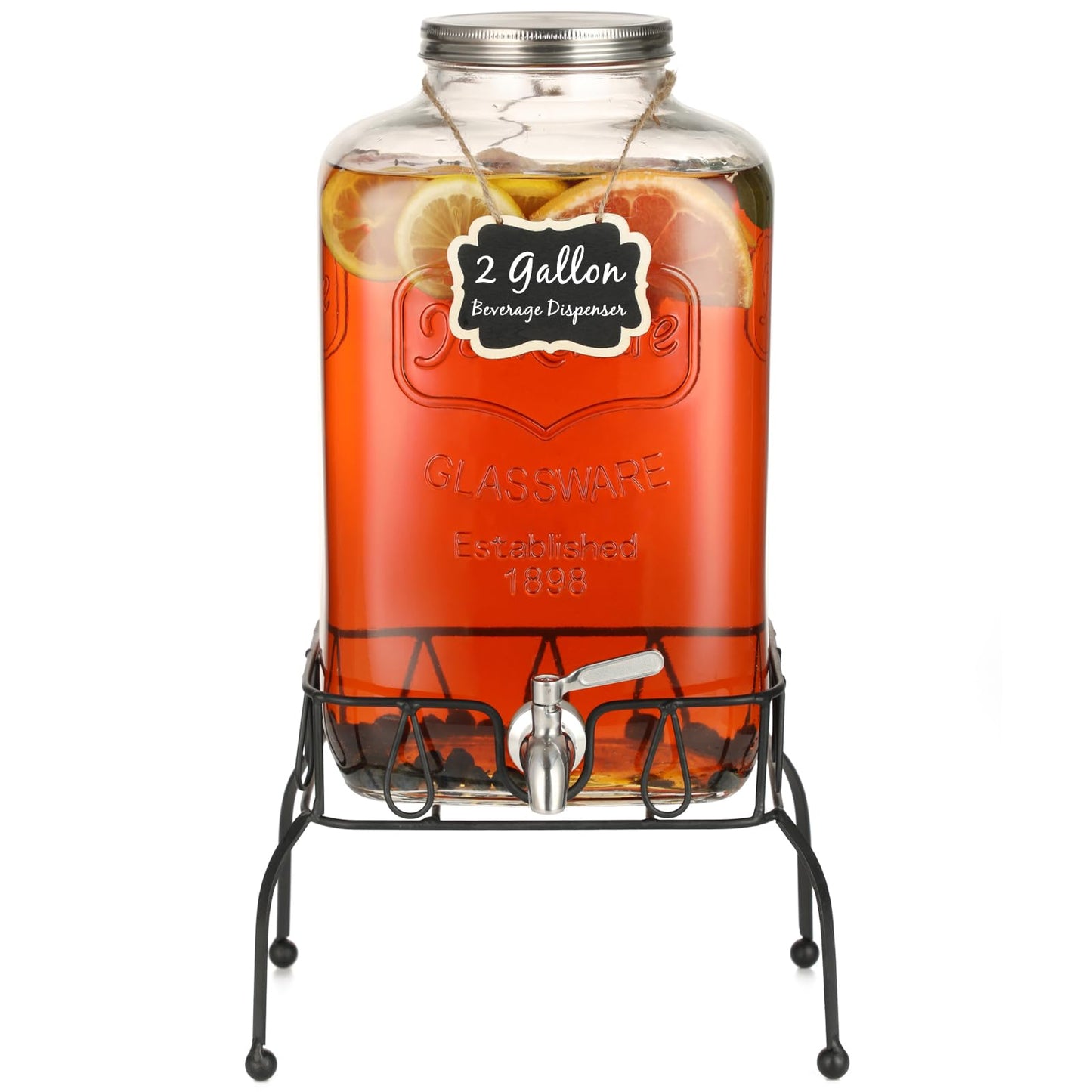 2 Gallon Glass Drink Dispenser with Stand, Stainless Steel Leakproof Spigot and Lid, Glass Drink Dispensers for Parties, Water Beverage Dispenser