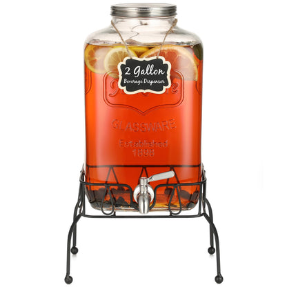 2 Gallon Glass Drink Dispenser with Stand, Stainless Steel Leakproof Spigot and Lid, Glass Drink Dispensers for Parties, Water Beverage Dispenser