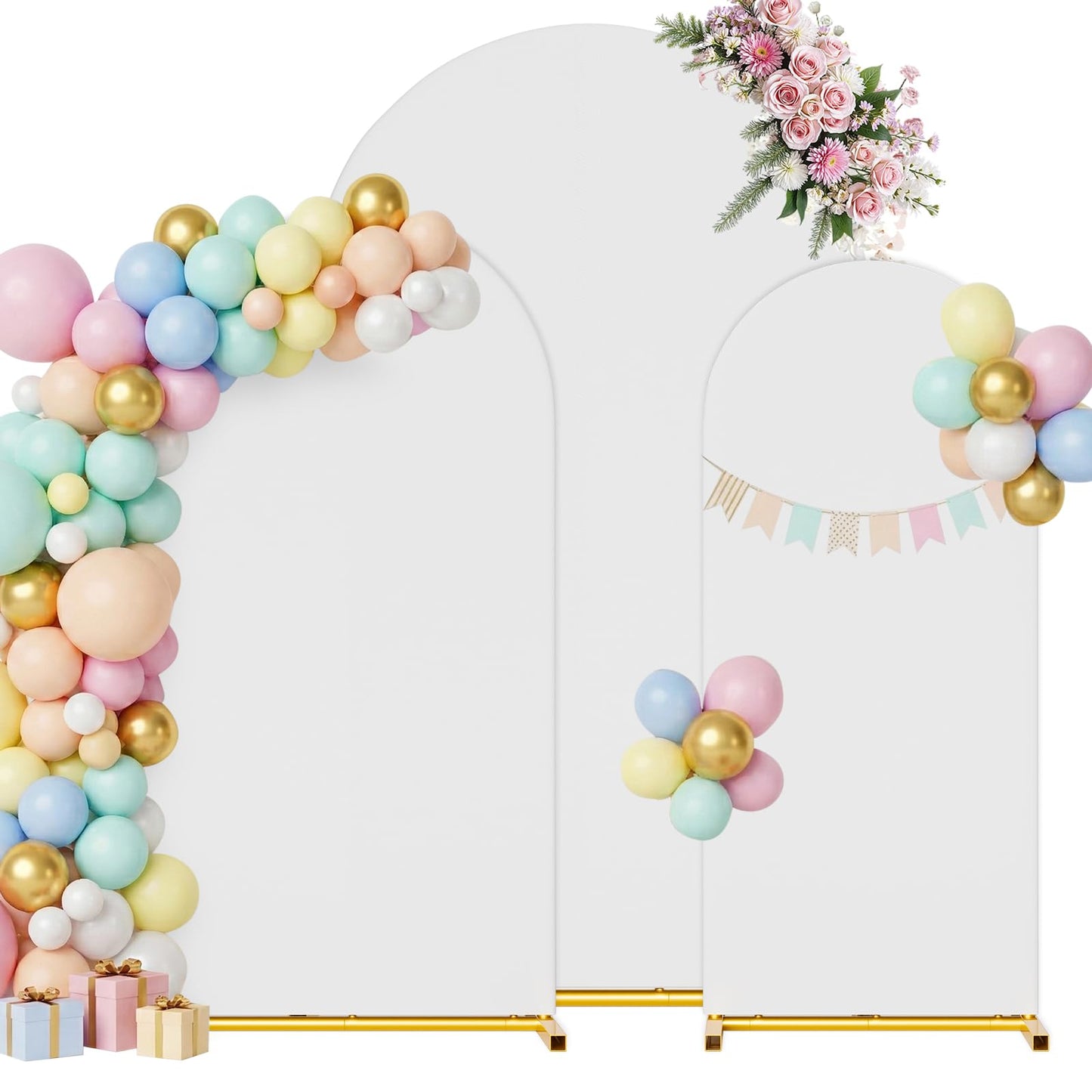 CludPark Arch Backdrop Stand with Cover Set, 7.2FT,6.6FT,6FT Gold Metal Wedding Arch for Ceremony, Heavy Duty Balloon Arch Stand with White Spandex Cover for Birthday Party, Baby Shower, Graduation
