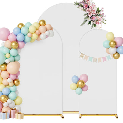 CludPark Arch Backdrop Stand with Cover Set, 7.2FT,6.6FT,6FT Gold Metal Wedding Arch for Ceremony, Heavy Duty Balloon Arch Stand with White Spandex Cover for Birthday Party, Baby Shower, Graduation