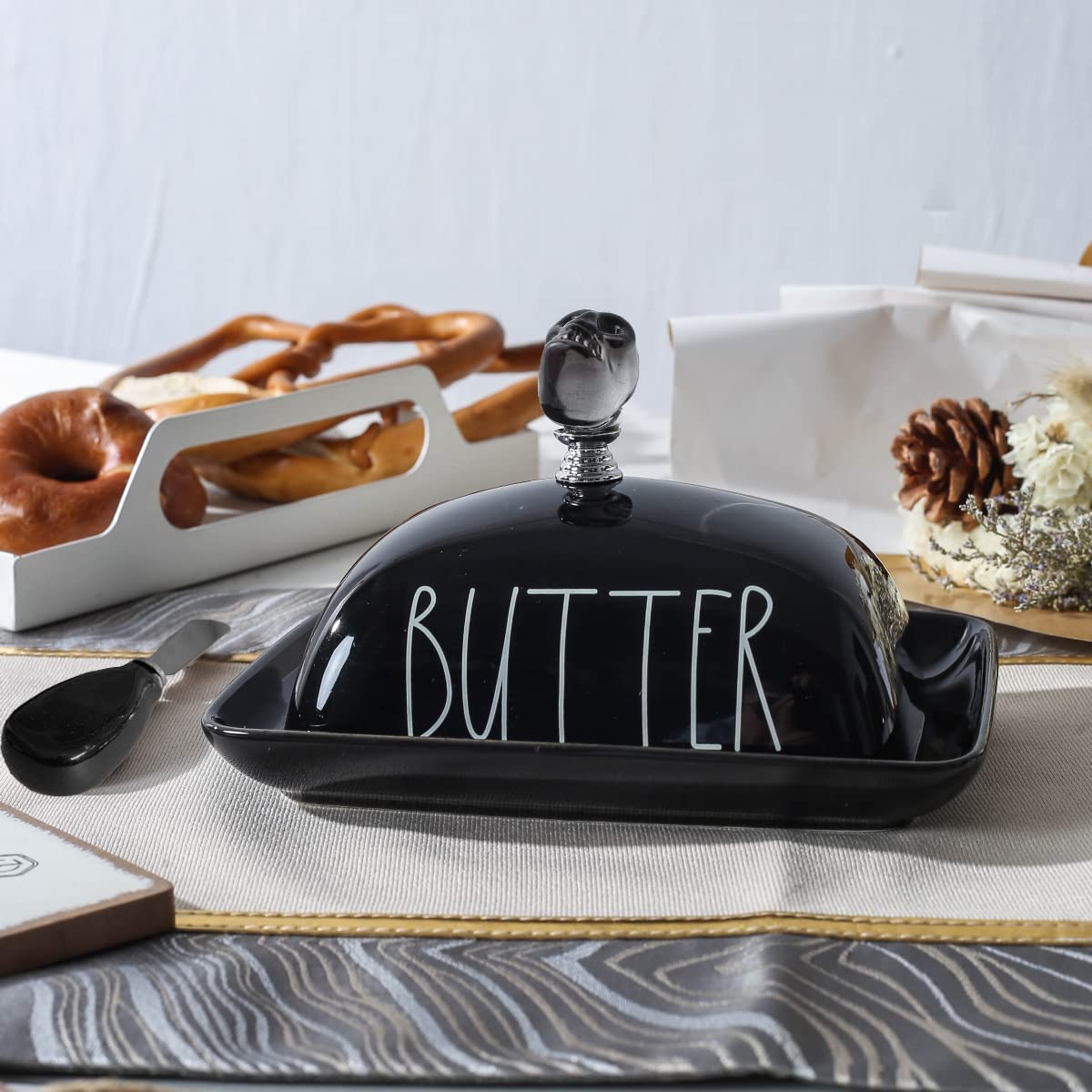 Oskas Halloween Themed Black Porcelain Butter Dish with Lid and Skull Knob, Butter Keeper with Cover for East West Coast Butter