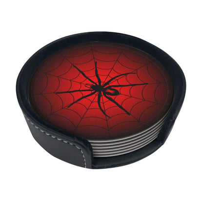 Spider Coasters for Drinks with Holder Leather Coasters Set of 6 Cute Halloween Drink Coasters Sets for Living Room Kitchen Coffee Bar Table