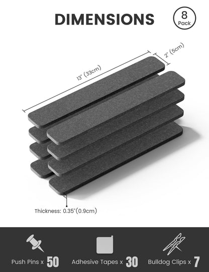 Fluxynara Cork Board Alternative Felt Strip Board 8-Pack 13"x2", Office Pin Board with 50 Push Pins, Adhesive Install for Bedroom Door & Home Office (Charcoal Gray)