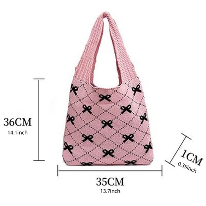 Busnos Beige Crochet Beach Bags For Women Coquette Bow Tote Bag Purse For Women Cute Crochet Beach Tote Bag Boho Knit Shoulder Purses Trendy Womens Travel Vacation Handbag