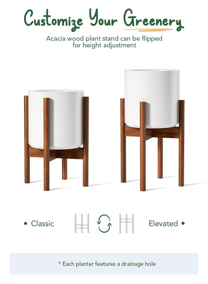 LE TAUCI 10 Inch Planter with Acacia Wood Stand, Ceramic Planter for Indoor Plants with Plant Holder, Mid-Century Modern Home Decor, Round Flower Pots with Drainage Hole, White