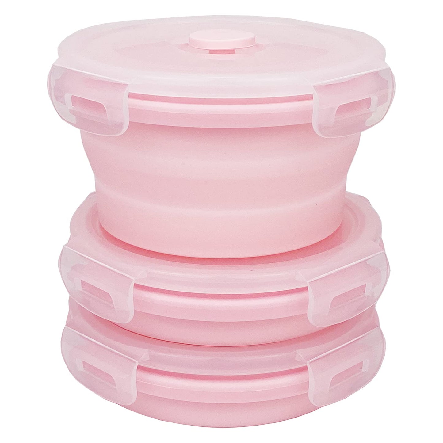CCyanzi 3piece Round Collapsible Bowl with Lids, Silicone Food Storage Containers, Microwave & Freezer Safe, Space Saving for Kitchen Cabinet and Camping Backpack,(Pink)