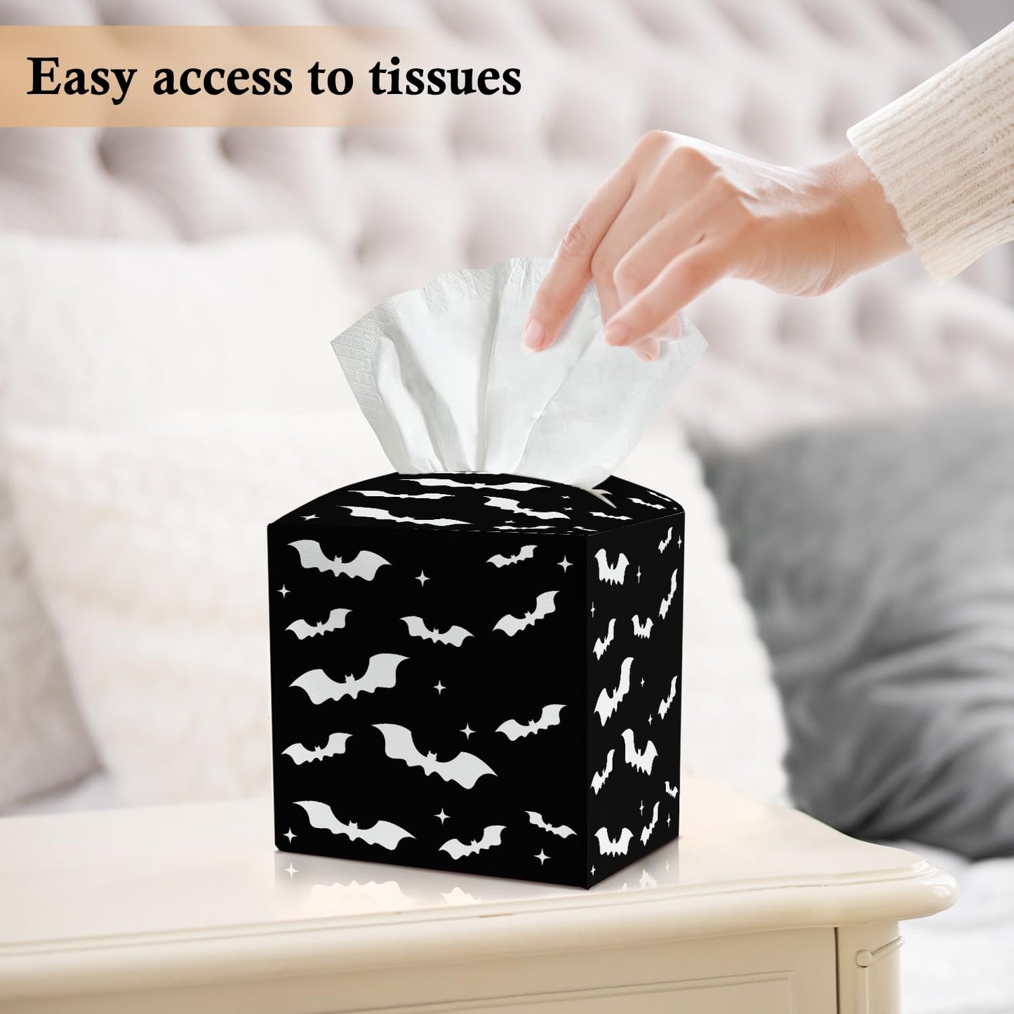 Black Bat Tissue Box Covers Square, Leather Tissue Holders Decorative for Home Office Kitchen Bathroom Organizer, Square Facial Paper Organizer Halloween Home Decor -003