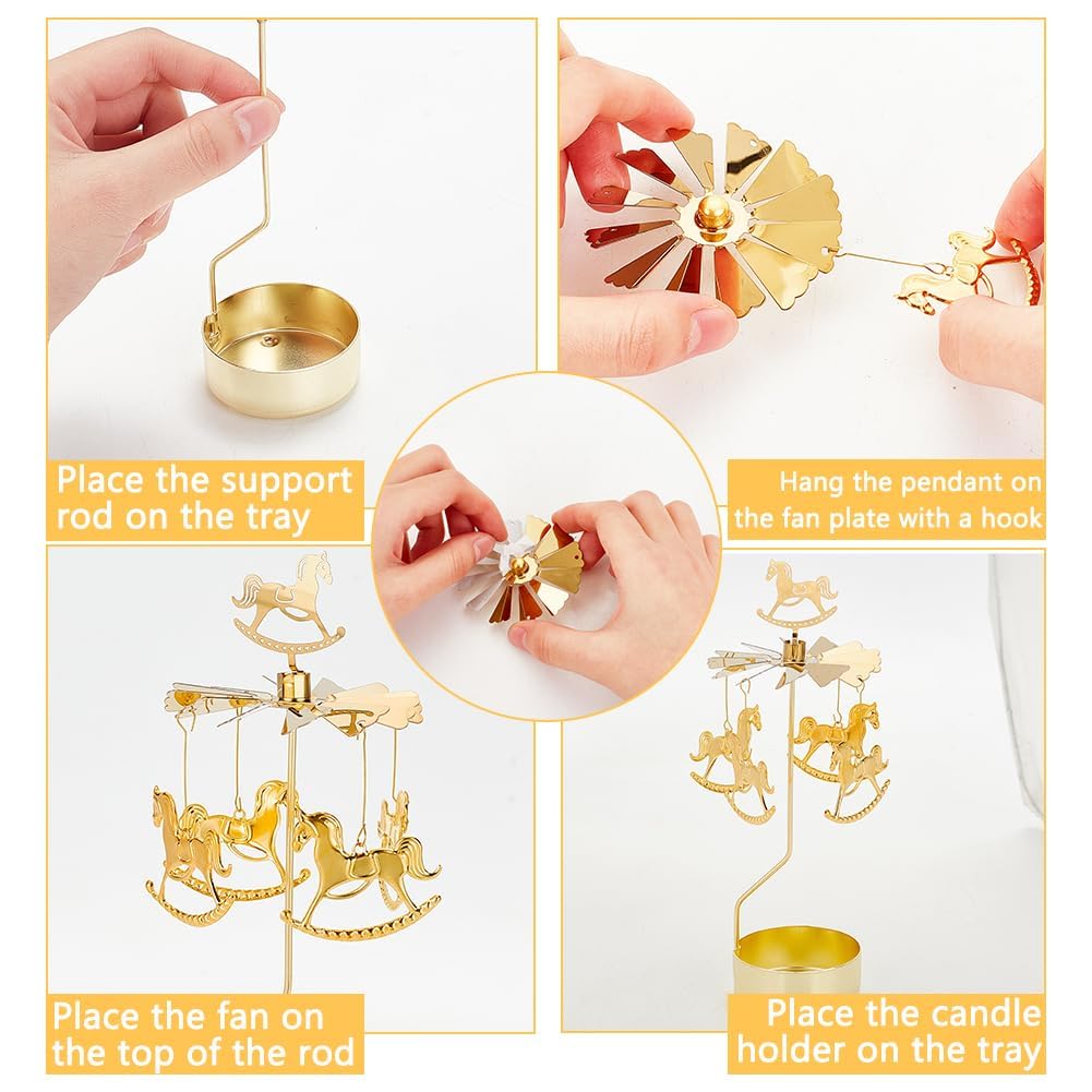 COMZPLIFE Carousel Spinning Tea Light Candle Holder, Gold Metal Rotary Candle Holder for Birthday, Wedding, Anniversary, Party, Table Decoration, Home Decor(2Pcs)