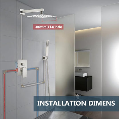 Aolemi Shower Faucet Set Rain Shower System with Handheld Spray Bathroom Shower Combo Rough-in Valve and Shower Trim Kit Included Brushed Nickel 12 Inch Wall Mount Shower Head