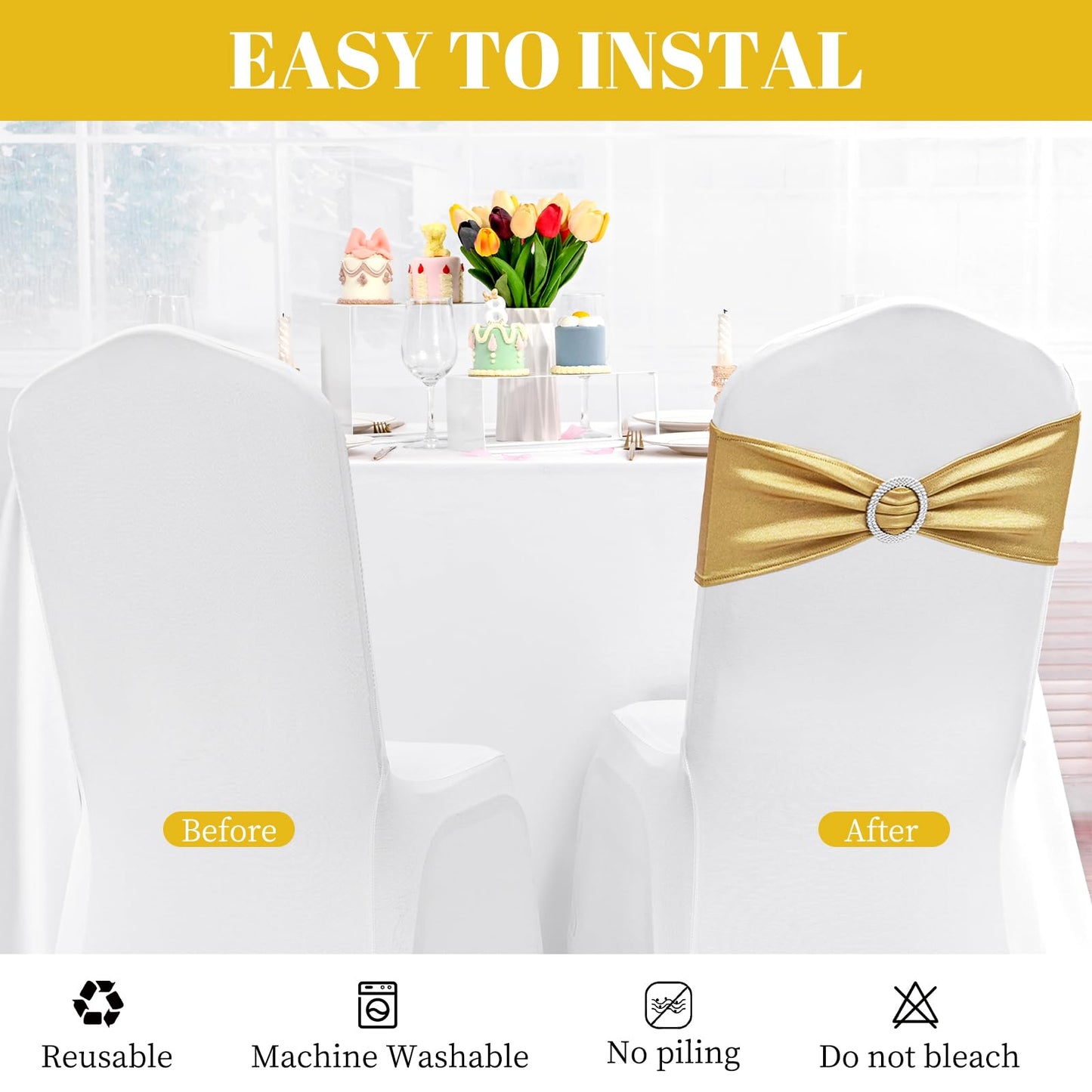 100 PCS Spandex Chair Sashes Bows Premium Stretch Chair Cover Band with Buckle Slider Universal Elastic Chair Ties for Wedding Party Ceremony Events Reception Banquet Decoration (Metallic Gold)