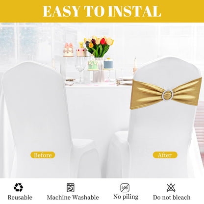 100 PCS Spandex Chair Sashes Bows Premium Stretch Chair Cover Band with Buckle Slider Universal Elastic Chair Ties for Wedding Party Ceremony Events Reception Banquet Decoration (Metallic Gold)