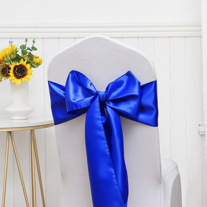 ZSJFMF Pack of 50 Satin Royal Blue Chair Sashes Bows 7 X 108 Inch Universal Gold Chair Ribbons for Wedding Ceremony Party Banquet Event Chair Decorations - Royal Blue Chair Sashes 50 Pack