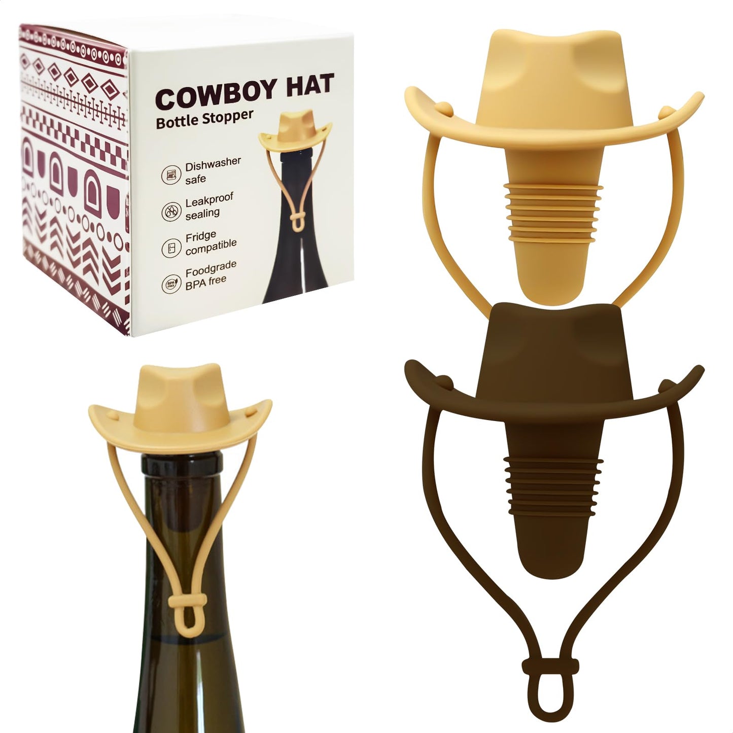 2 Pcs Cowboy Hat Silicone Wine Stoppers, Silicone Wine Stopper, Fun Hat Cap Seals Bottle & Keeps Wine Fresh, Funny Gag Gifts for Boyfriend, Stocking Stuffers Gifts for Adults