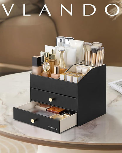 VLANDO Makeup Organizer for Vanity,Large Capacity Countertop Organizer with Drawers, PU Leather Cosmetic Display Case for Lipstick,Brushes,Skincare,Bedroom Storage (Black)