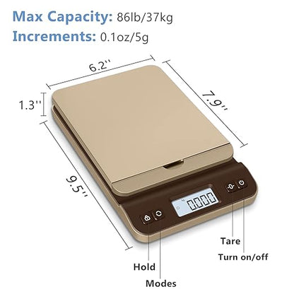 QP Digital Shipping Postal Scale, 86lb/0.1oz Accuracy Postage Scale with Hold/Tare Function, LCD Display, Flip-up Holder Package Scale, UPS Postal Scale for Packages, Battery & Tape Measure Included