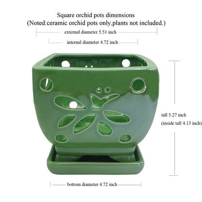Grdthzey Orchid Pots with Holes Square Ceramic Orchid Planter Pots 5.5 inch (Green)