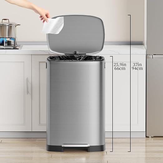 KdbK 13 Gallon Trash Can with Lid, 50L Fingerprint Proof Stainless Steel Kitchen Trash Can with Removable Inner Bucket and Lid Soft Close, Pedal Rubbish Bin for Home Office（Silver）