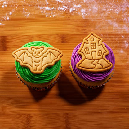 BAKERLOGY Spooky Night Mini Cookie Cutter & Stamp Set (Haunted House & Flying Bat Designs) – Cute Halloween Fondant Embossing Stamp Cutters for Creepy Baking, Cupcake Toppers & Party Treats