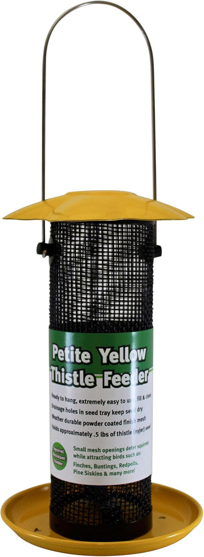 Songbird Essentials Gold Finch Feeder for Outdoor Hanging - Petite Nyjer Thistle Seed Feeder - All Metal - for Finches and Buntings for Outdoor Garden - Bright Yellow