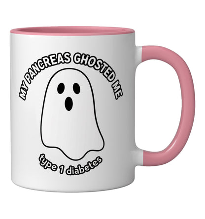 Halloween Type 1 Diabetes Ghost MY PANCREAS GHOSTED ME - T1D Ceramic Mug, Pink/White