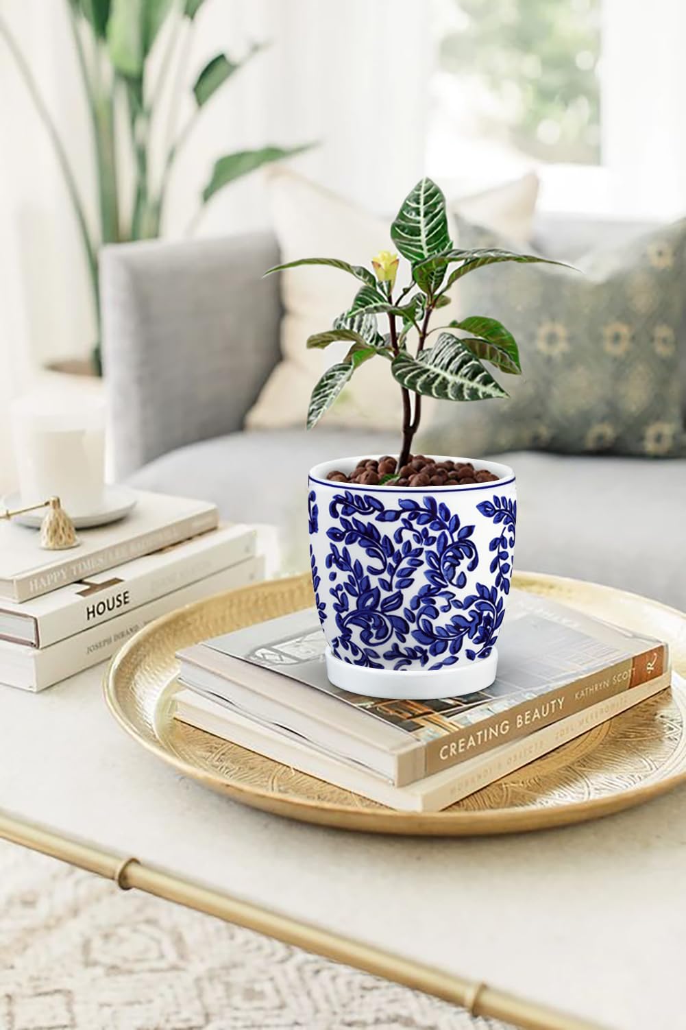 Set of 2 Ceramic Blue and White Plant Pots with Drainage Hole and Saucers, 4.3/5.5 Inches Ceramic Planters Round Flower Pots for Indoor Plants Succulent Cactus Orchid Flower, Indoor Outdoor Decor