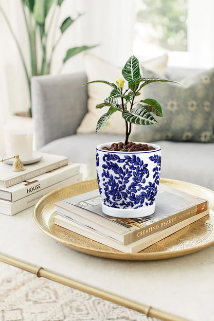 Set of 2 Ceramic Blue and White Plant Pots with Drainage Hole and Saucers, 4.3/5.5 Inches Ceramic Planters Round Flower Pots for Indoor Plants Succulent Cactus Orchid Flower, Indoor Outdoor Decor