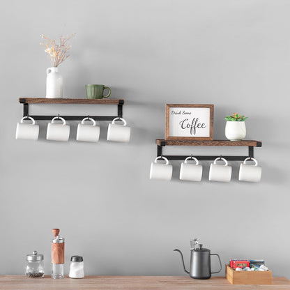 Dahey Mug Holder Wall Mounted Mug Rack with Hooks, Set of 2, Storage Rustic Floating Shelf Coffee Bar Accessories Wood Coffee Cup Hanger for Organizing Cooking Utensil Home Kitchen Decor, Brown
