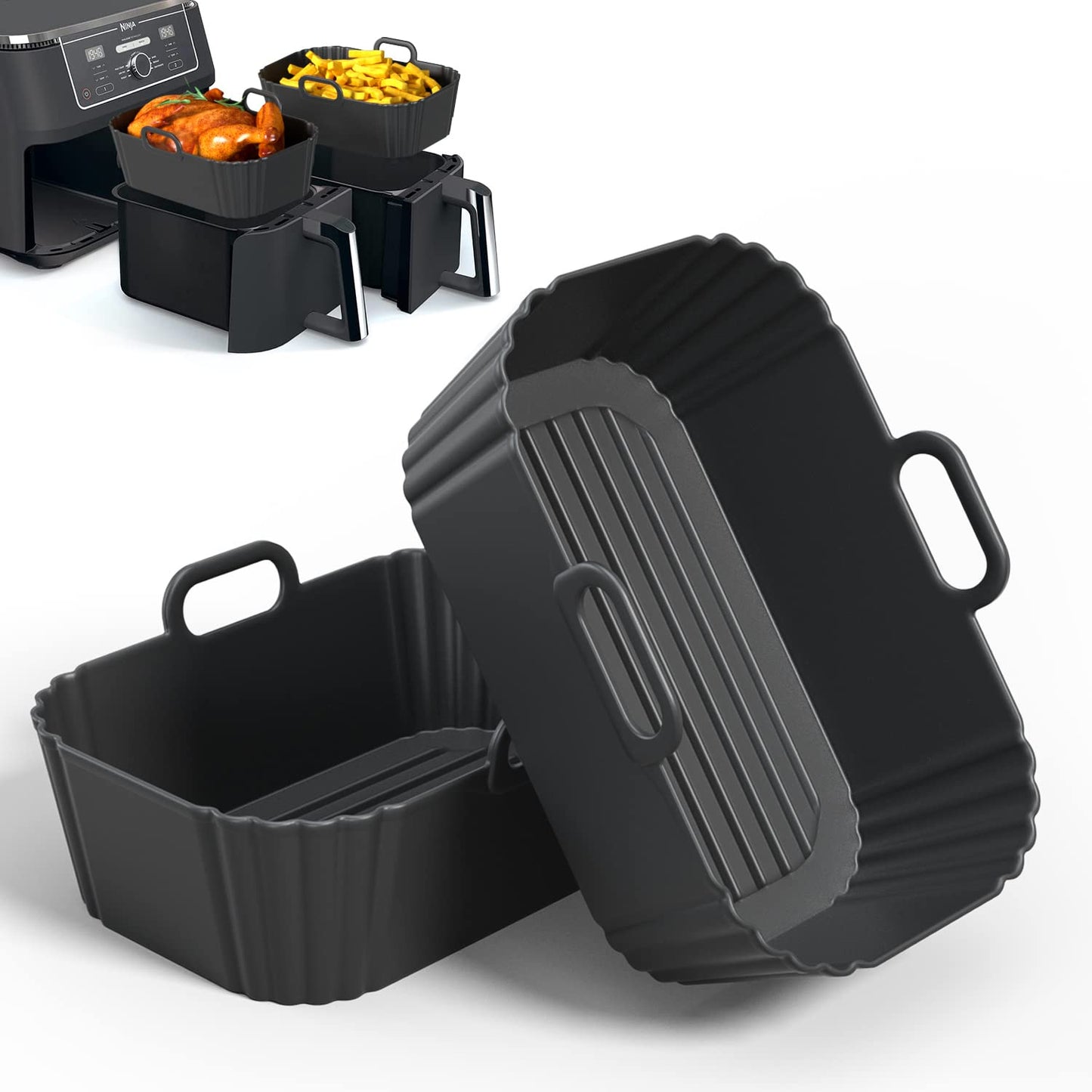 PINTAUR Silicone Air Fryer Liners 2 Pack, Reusable Liners Compatible for Ninja Foodi DZ201, DZ401, DZ550, COSORI, Chefman, Instant Air Fryer, and 6-in-1 8-10QT Air Fryer Baskets