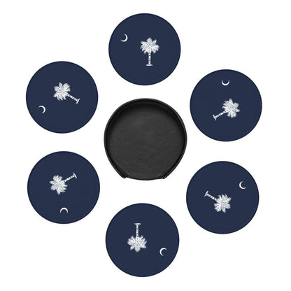 6 Pack South Carolina State Flag Leather Coasters with Holder–Cute Heat Resistant Drink Coasters Set for Coffee Wine Kitchen Office Bar Table Decor,Round