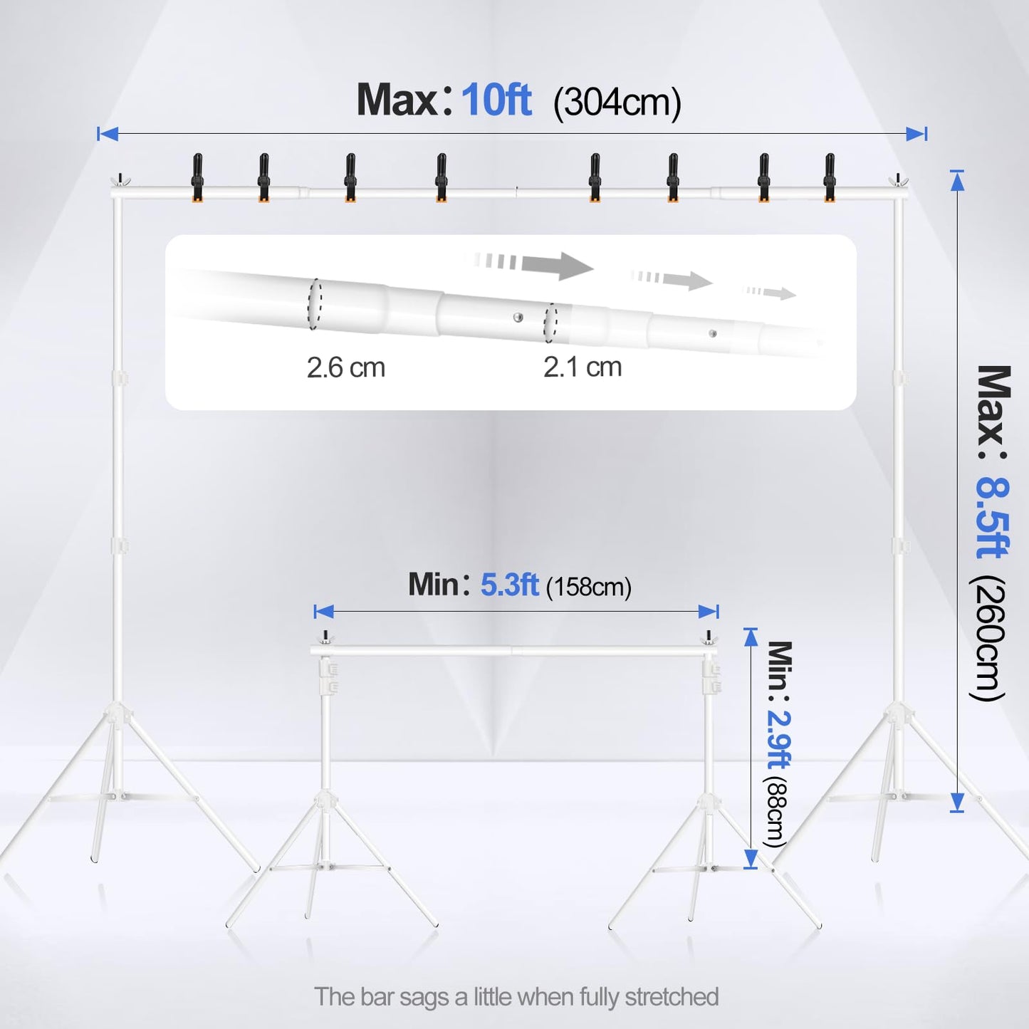 EMART Backdrop Stand 10x8.5ft(WxH) Photo Studio Adjustable Background Stand Support kit with 2 Crossbars, 8 Clamps, 2 Sandbags and Carry Bag for Parties, Events Decoration, Wedding, Photography -White