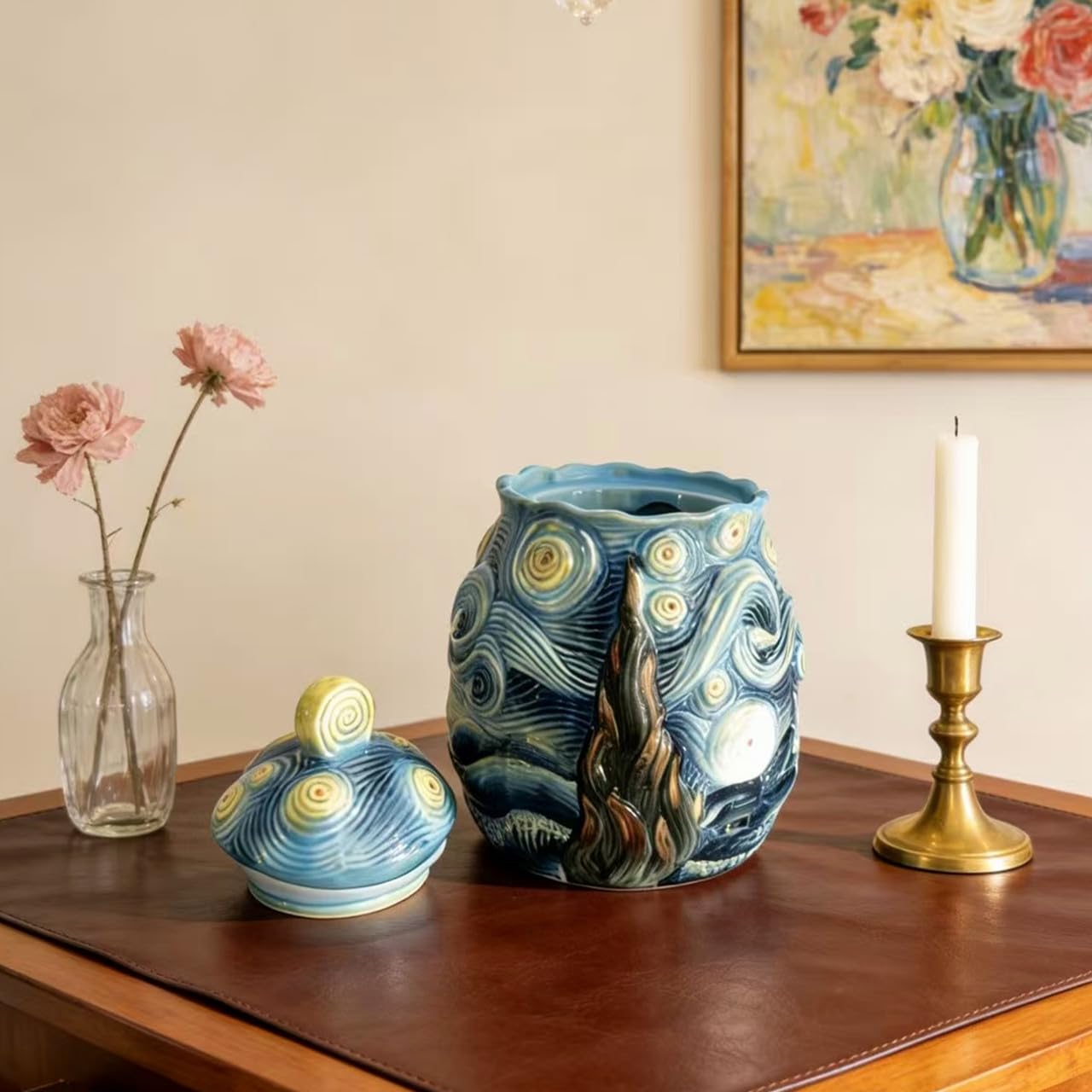 FORLONG Ceramic Hand-Painted Starry Sky Sealed Jar,Food Storage Containers with Lids, Home Kitchen Countertop Decorative(64 ounces)