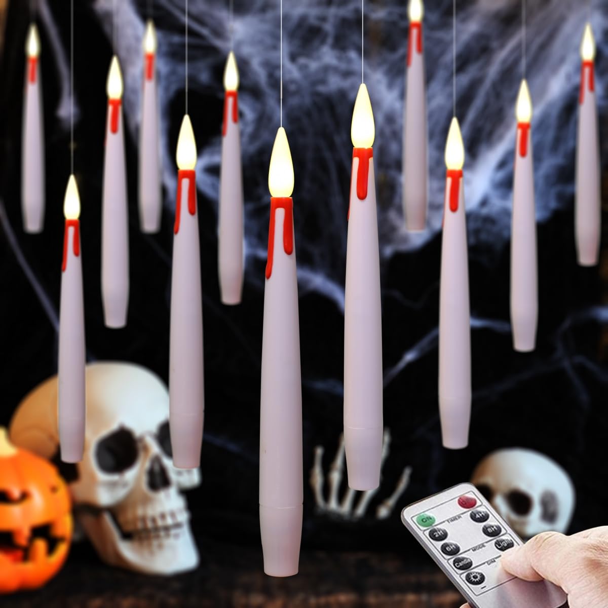 NONNO & ZGF Set of 12 Flameless Floating White Candles with 4.9FT Fishing line, Dripping Red Blood(Pigment), 6'' LED Remote(Timer) Battery Operated Candle with Hook and Glue Dots, for Halloween Decor