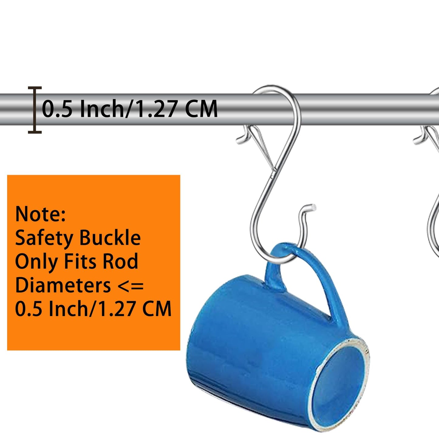 iCafePub 12 PCS S Hooks for Hanging with Safety Buckle, Metal S Shaped Hooks Fit for 0.5 Inch Rod Diamater, for Kitchen Utensil, Cups, Pots, Plants, Bags, Hats (Silver)