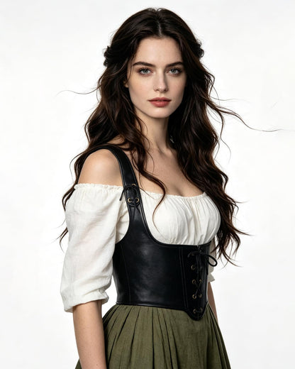Joukavor Womens Renaissance Leather Corset Belt - Medieval Bustier Waist Cincher with Straps Gothic Corset Harness for Ren Faire (Black, Large)