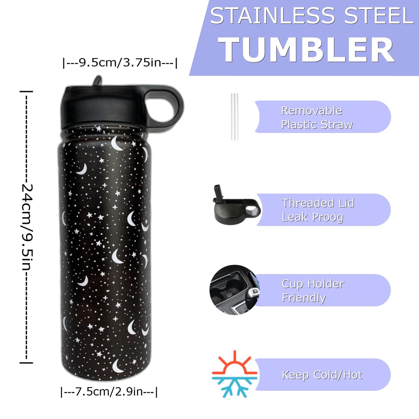 Goth Tumbler with Straw and Lid Gift for Boys Girls Gothic Water Bottle Halloween Travel Kettle Cup for Car Cold and Hot Stainless Steel Double Wall Insulated Mug (star moon, 18oz)