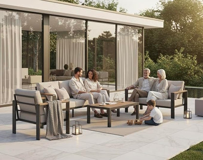 Aluminum Outdoor Patio Furniture Set with Coffee Table, 5 Piece Patio Conversation Sets with Washable Thick Cushions, Patio Sectional Furniture Set for Porch, Balcony, Deck, White