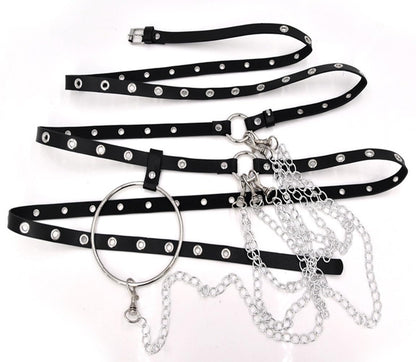 HUI GUO Women's Gothic Body Chain Belt Leather Punk Waist Belt with O-ring Metal Chain Tassel Adjustable Buckles(Black3), One Size