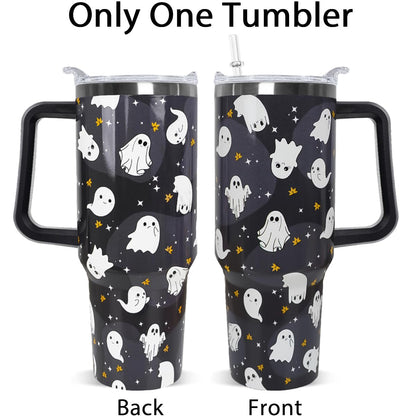 Rcvlauf Halloween Tumbler 40oz Ghost Tumbler Spooky Leak Proof Cups with Handle and Straw Insulated Water Bottle Coffee Travel Mugs for Halloween Decor Gifts for Women Men (1PCS)