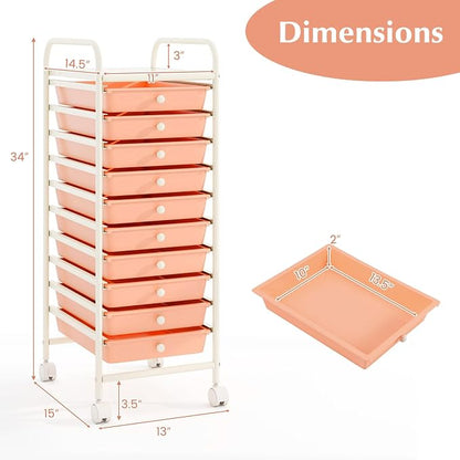 COSTWAY 10-Drawer Rolling Storage Cart, Utility Mobile Trolley with Removable Drawers & Universal Casters & 2 Brakes, Versatile Flexible Drawer Organizer Cart for Home, Office, Peach