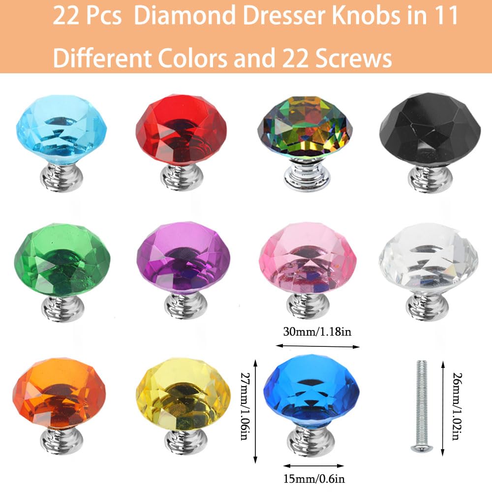 Tkocisa 22 Pack Colorful Crystal Drawer Knobs, 30mm Glass Dresser Knobs Cabinet Diamond Shape Pulls Handle for Wardrobe, Kitchen, Bathroom, Cupboard(11 Colors)