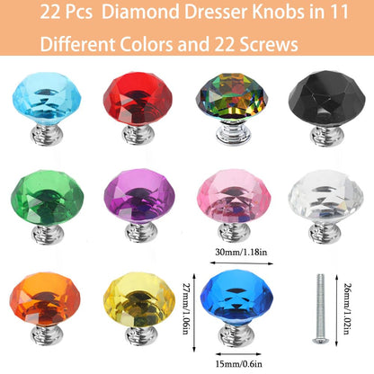 Tkocisa 22 Pack Colorful Crystal Drawer Knobs, 30mm Glass Dresser Knobs Cabinet Diamond Shape Pulls Handle for Wardrobe, Kitchen, Bathroom, Cupboard(11 Colors)
