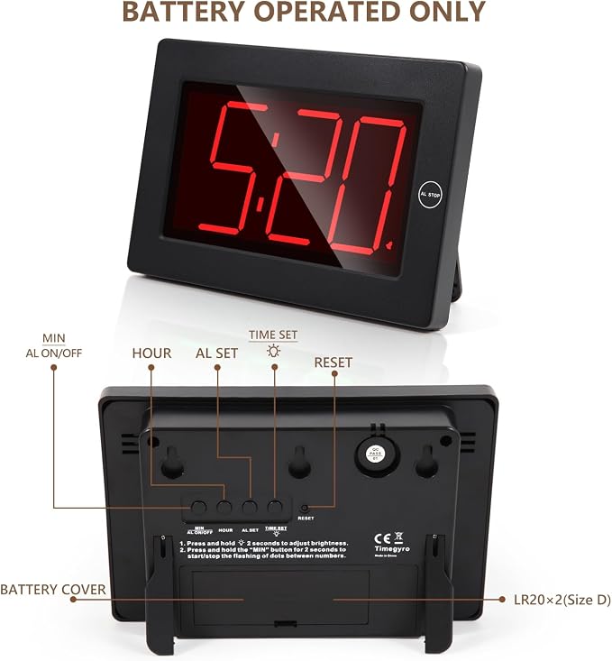 LED Digital Wall Clock Battery Operated - Large Display Digital Clock, Adjustable Brightness, Wall or Table Mount