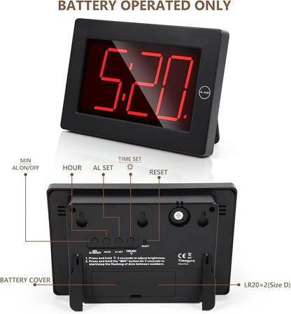 LED Digital Wall Clock Battery Operated - Large Display Digital Clock, Adjustable Brightness, Wall or Table Mount
