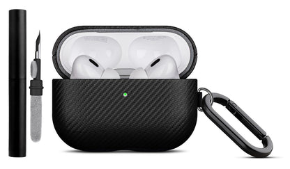 LOPIE Handmade AirPods Pro Case, Carbon Fiber Texture Vegan Leather Case with Keychain & Cleaner Kit, Protective Hard Shell Cover - Black