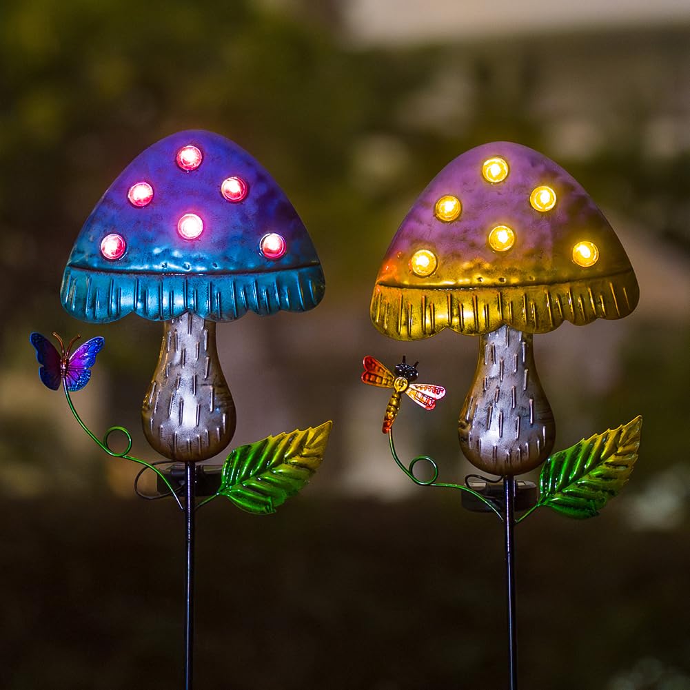 Venniy Solar Mushroom Lights for Outside 2 Pack，Mushroom Solar Lights Outdoor Metal Stakes Decorate Garden,Path,Backyard,Flower Bed,Pathway,Lawn