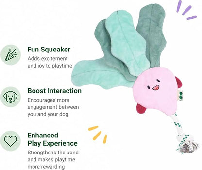 Green Sheep Interactive Plush Dog Toy, No Stuffing Squeaky Toy with Recycled Cotton Rope for Medium to Large Dogs,Radish