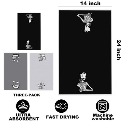 Jztco 3 Pcs Funny Skeleton Hand Towel for Bathroom 14x24 Inch, Skull Halloween Kitchen Towels Waffle Weave Hand Cloth Tea Towel, Goth Skeleton Bathroom Decor, Halloween Birthday Gifts