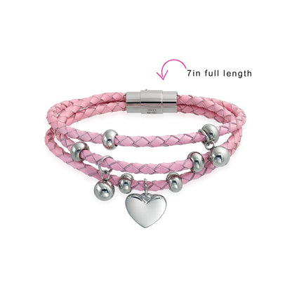 Bling Jewelry Braided Leather Bracelet Pink Heart Charm Double Strand Bracelet Stainless Steel