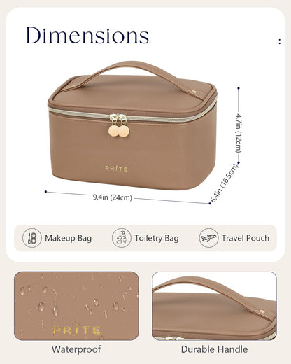 Prite Makeup Bag, Large Capacity Cosmetic Bag for Women and Girls, Waterproof PU Leather Travel Makeup Case, Toiletry Organizer with Handle and Divider for Skincare and Brushes - Brown