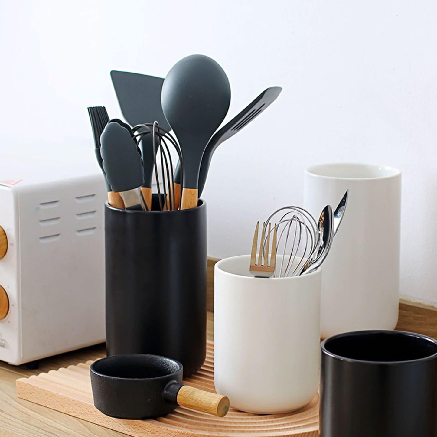 hengshukeji Kitchen Utensil Holder, 6.3"+5.3" Ceramic Kitchen Utensil Holder for Countertop, Large Cooking Utensil Crock for Kitchen Counter, Set of 2, for Spoons, Spatulas, Utensils (White Set)